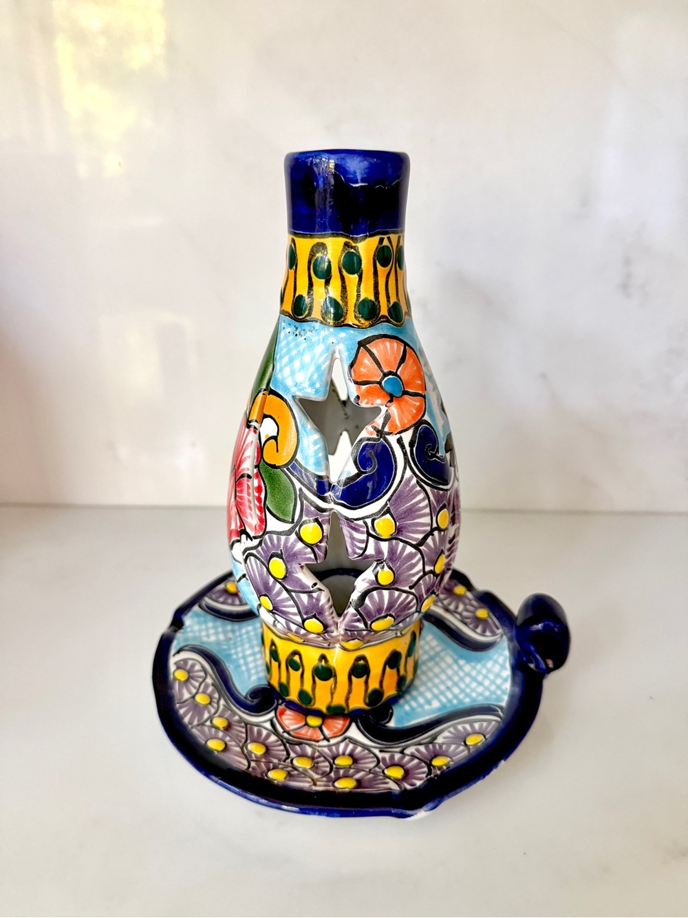 Vintage Talavera Pottery Candle Holder Lantern Set Ruth Mexican Star Cutout 9"
